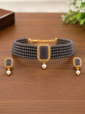 Grey crystal bead choker necklace and earrings jewellery set 1