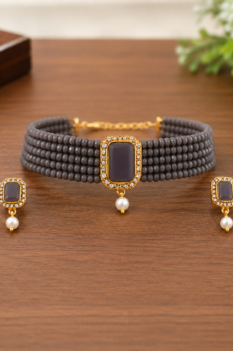 Grey crystal bead choker necklace and earrings jewellery set