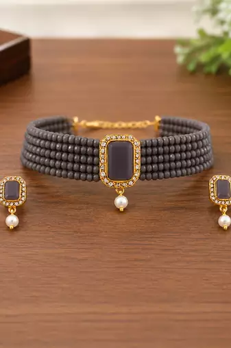 Grey crystal bead choker necklace and earrings jewellery set