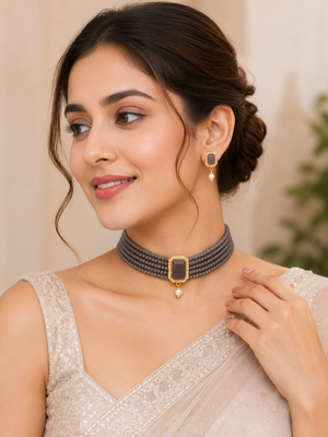 Grey crystal bead choker necklace and earrings jewellery set 2