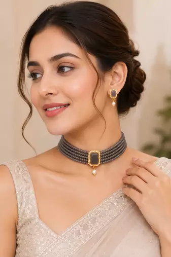 Grey crystal bead choker necklace and earrings jewellery set