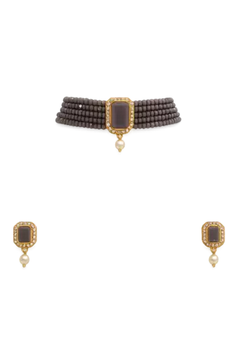 Grey crystal bead choker necklace and earrings jewellery set