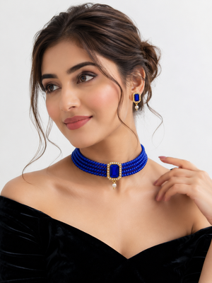 Blue beaded choker necklace and earrings set with crystal pendant 2