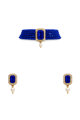 Blue beaded choker necklace and earrings set with crystal pendant 3