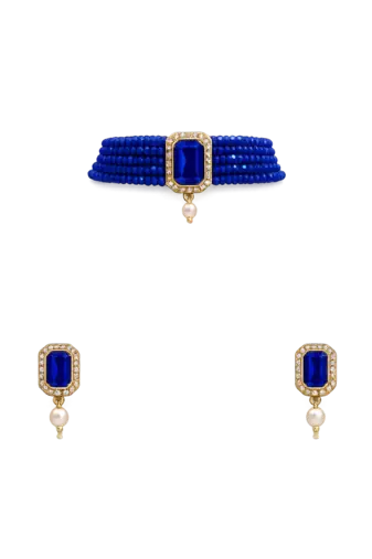 Blue beaded choker necklace and earrings set with crystal pendant