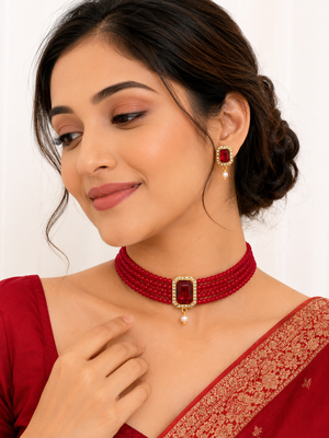 Red beaded choker necklace and earrings set with crystal pendant 1