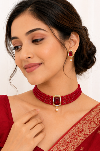 Red beaded choker necklace and earrings set with crystal pendant
