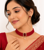 Red beaded choker necklace and earrings set with crystal pendant