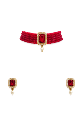 Red beaded choker necklace and earrings set with crystal pendant 3