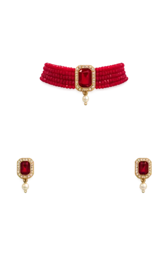 Red beaded choker necklace and earrings set with crystal pendant