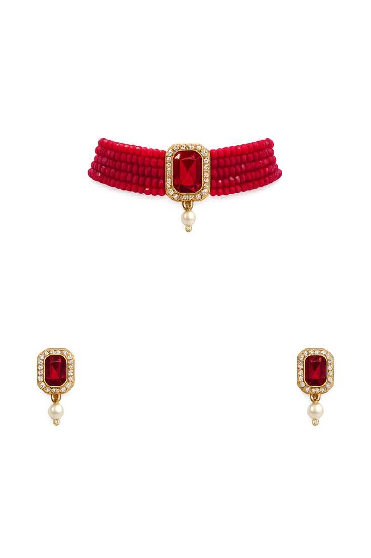 Red beaded choker necklace and earrings set with crystal pendant