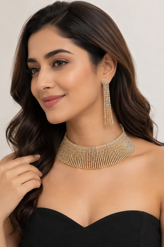 Crystal rhinestone choker necklace and earrings jewellery set