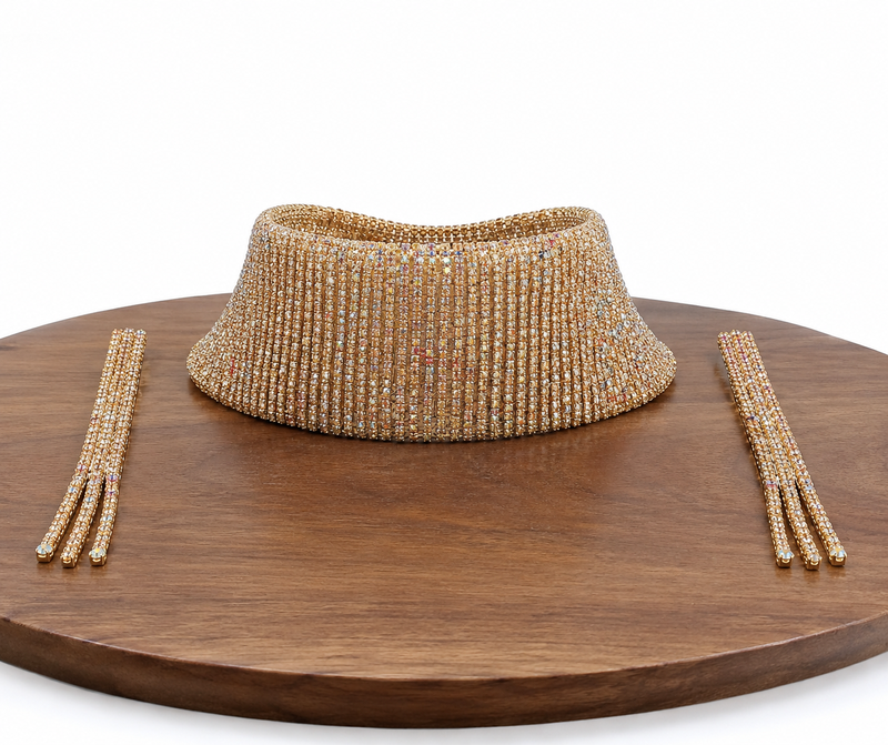 Crystal rhinestone choker necklace and earrings jewellery set