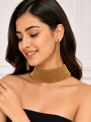 Gold-toned beaded choker necklace and earrings jewellery set 1