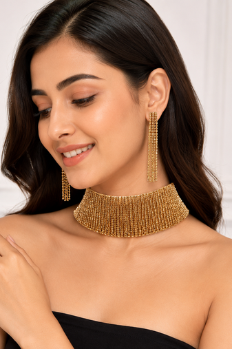 Gold-toned beaded choker necklace and earrings jewellery set