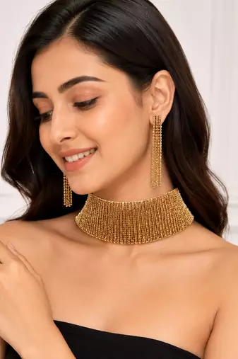 Gold-toned beaded choker necklace and earrings jewellery set