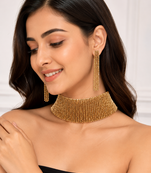 Gold-toned beaded choker necklace and earrings jewellery set