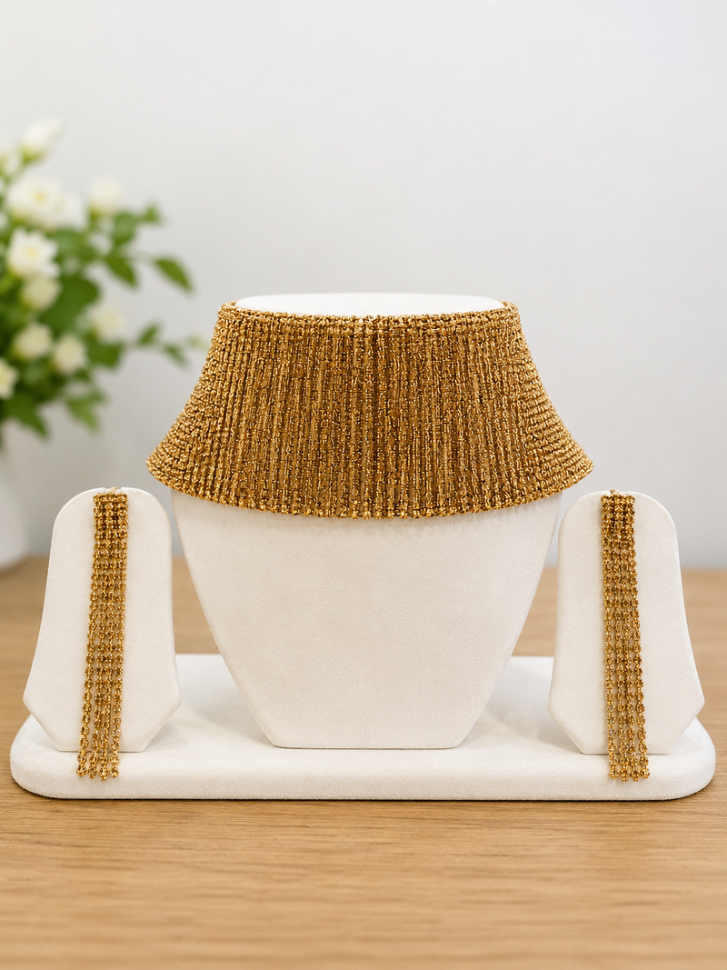 Gold-toned beaded choker necklace and earrings jewellery set