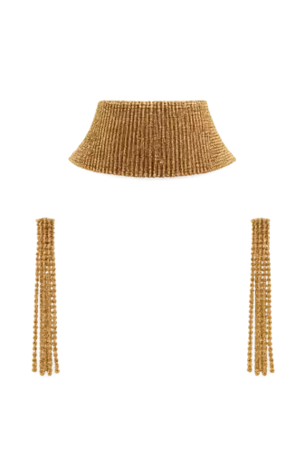 Gold-toned beaded choker necklace and earrings jewellery set