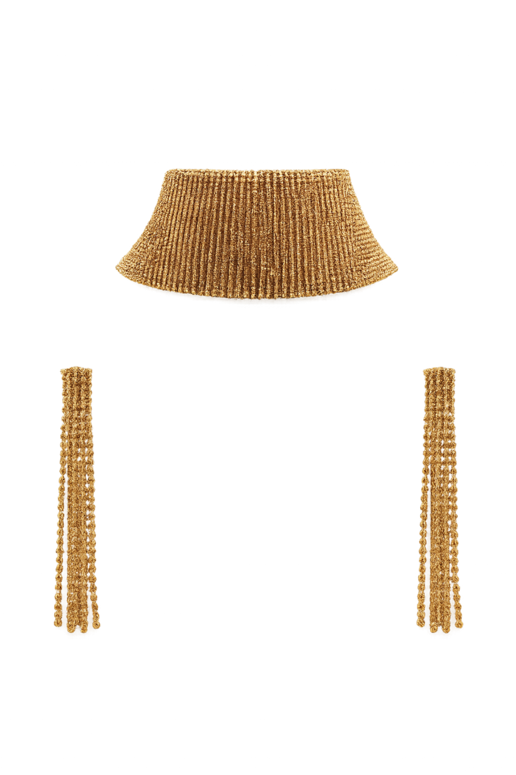 Gold-toned beaded choker necklace and earrings jewellery set