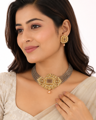 Kundan choker necklace and earrings set with grey beads 1