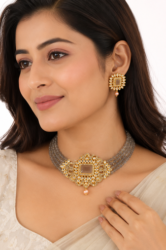 Kundan choker necklace and earrings set with grey beads