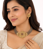 Kundan choker necklace and earrings set with grey beads