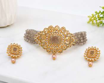 Kundan choker necklace and earrings set with grey beads 2