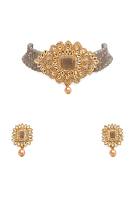 Kundan choker necklace and earrings set with grey beads 3