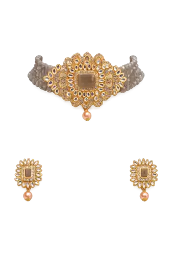 Kundan choker necklace and earrings set with grey beads