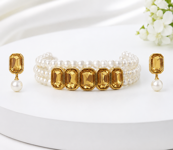 Pearl choker necklace and earrings set with amber crystal 1