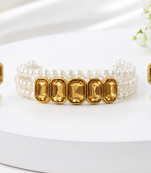 Pearl choker necklace and earrings set with amber crystal