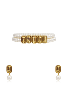 Pearl choker necklace and earrings set with amber crystal 2