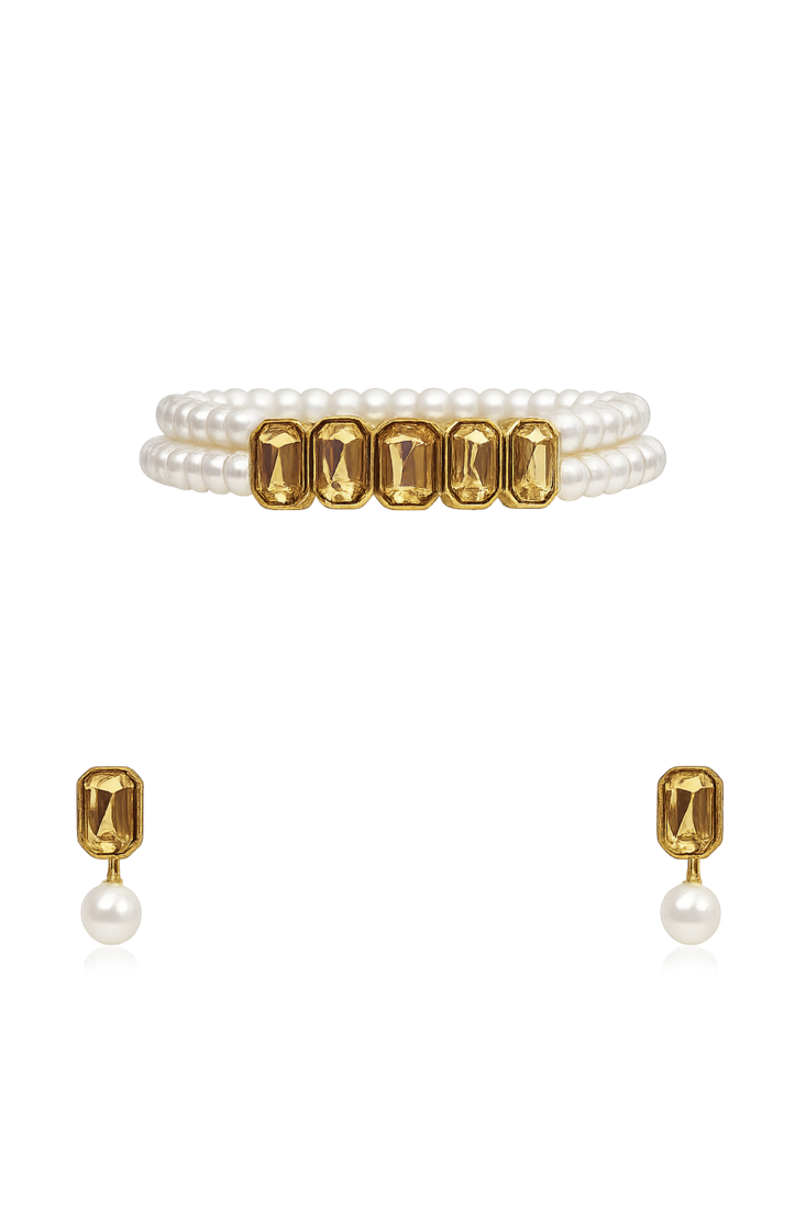 Pearl choker necklace and earrings set with amber crystal