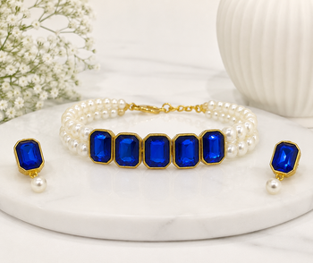 Pearl double strand bracelet and earring set with blue crystals 1