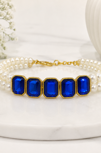Pearl double strand bracelet and earring set with blue crystals