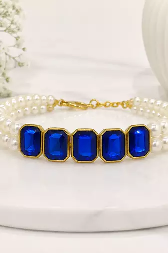 Pearl double strand bracelet and earring set with blue crystals