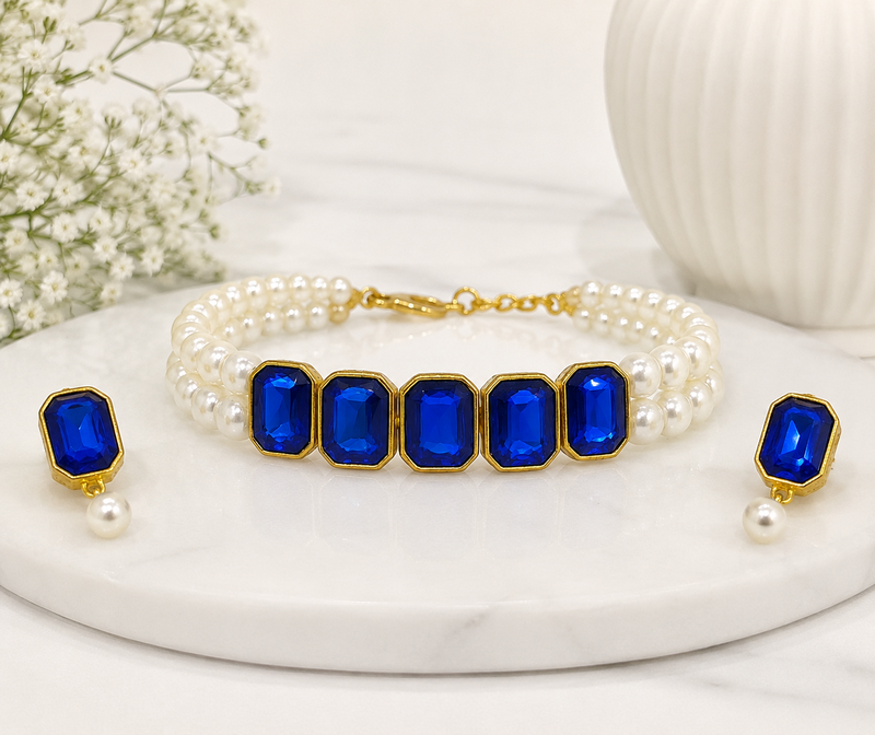 Pearl double strand bracelet and earring set with blue crystals