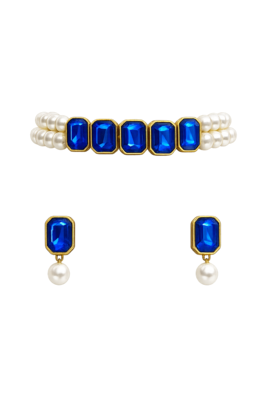 Pearl double strand bracelet and earring set with blue crystals 2