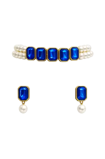 Pearl double strand bracelet and earring set with blue crystals