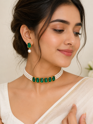 Emerald green crystal & pearl choker necklace and earrings set 1