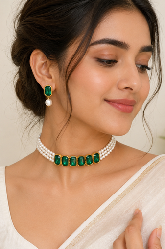 Emerald green crystal & pearl choker necklace and earrings set