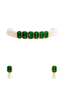 Emerald green crystal & pearl choker necklace and earrings set 3