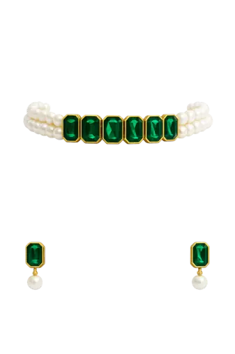 Emerald green crystal & pearl choker necklace and earrings set