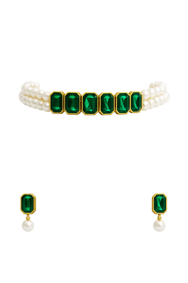 Emerald green crystal & pearl choker necklace and earrings set