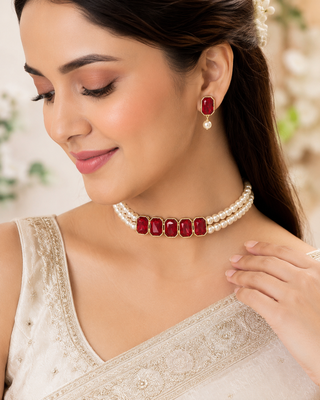 Red crystal & pearl choker necklace set with earrings 1