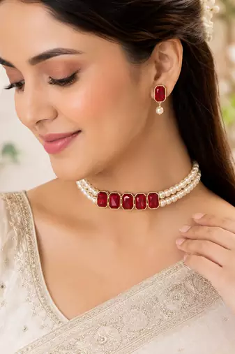 Red crystal & pearl choker necklace set with earrings