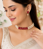 Red crystal & pearl choker necklace set with earrings