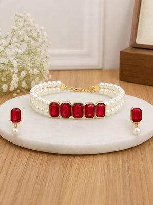 Red crystal & pearl choker necklace set with earrings 2