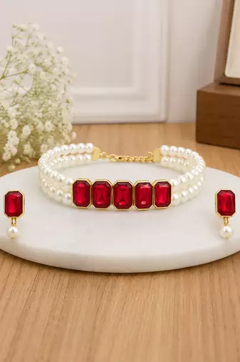 Red crystal & pearl choker necklace set with earrings